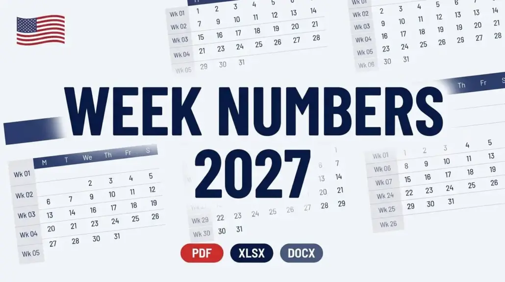 Week Numbers 2027 USA calendar cover with US flag and printable PDF, XLSX and DOCX templates