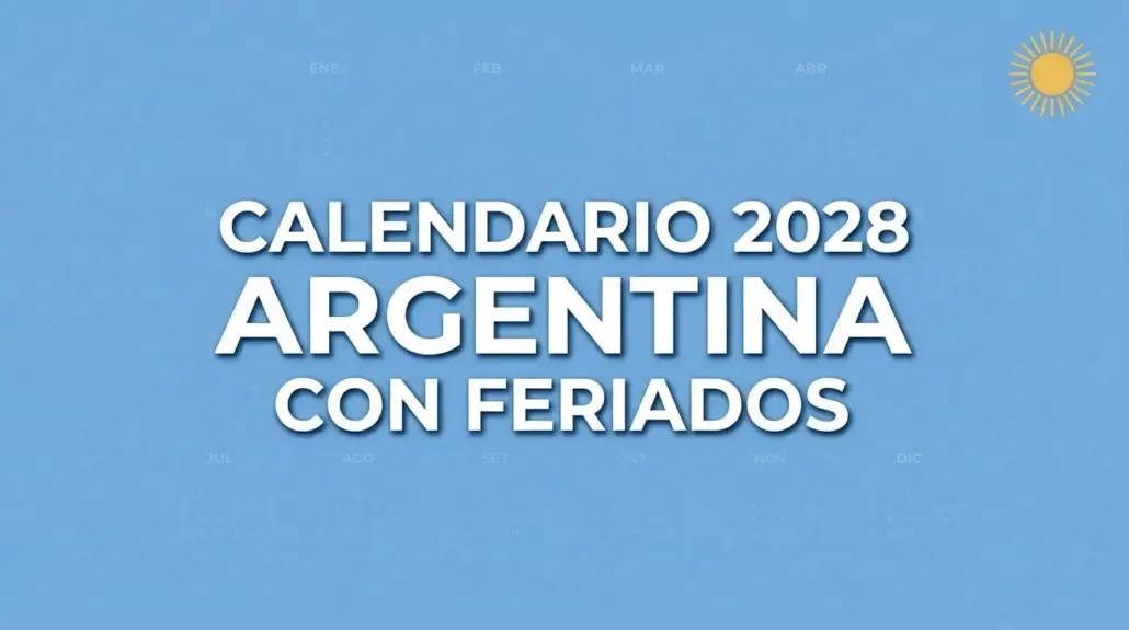 Portada del calendario 2028 Argentina con feriados para imprimir, con cuadrícula de meses en celeste y blanco