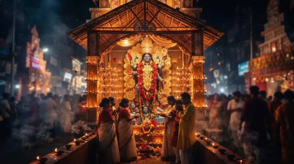 A vibrant nighttime Kali Puja celebration in an Indian pandal, illuminated by warm clay oil lamps (diyas), with devotees in traditional attire standing before an intricately detailed deity shrine.