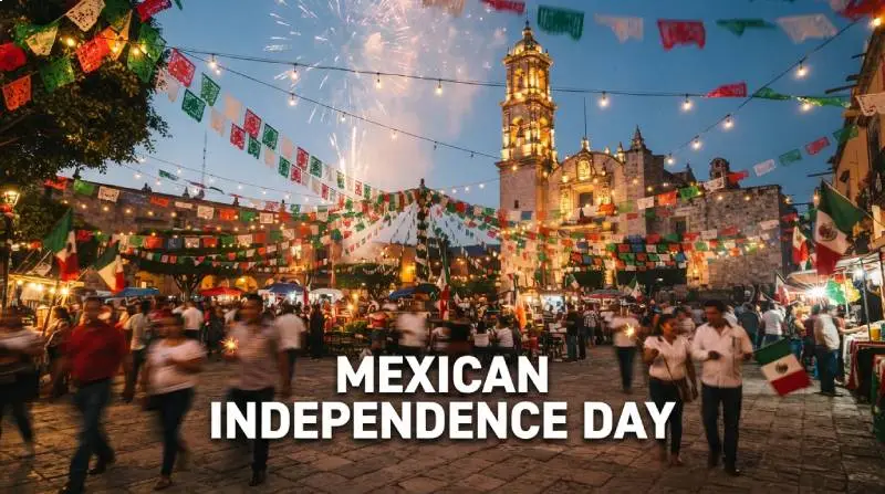 Mexican Independence Day celebration in a decorated town square with green, white, and red flags