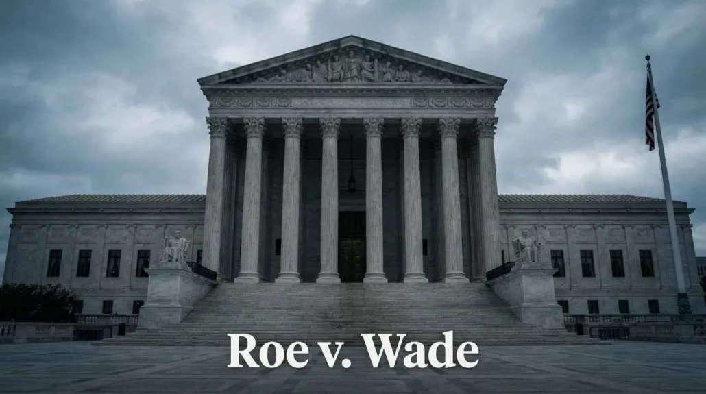 Roe v. Wade Supreme Court case illustrated with a courthouse building and American flag