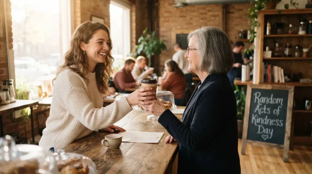 Woman hands coffee to stranger - Random Acts of Kindness Day