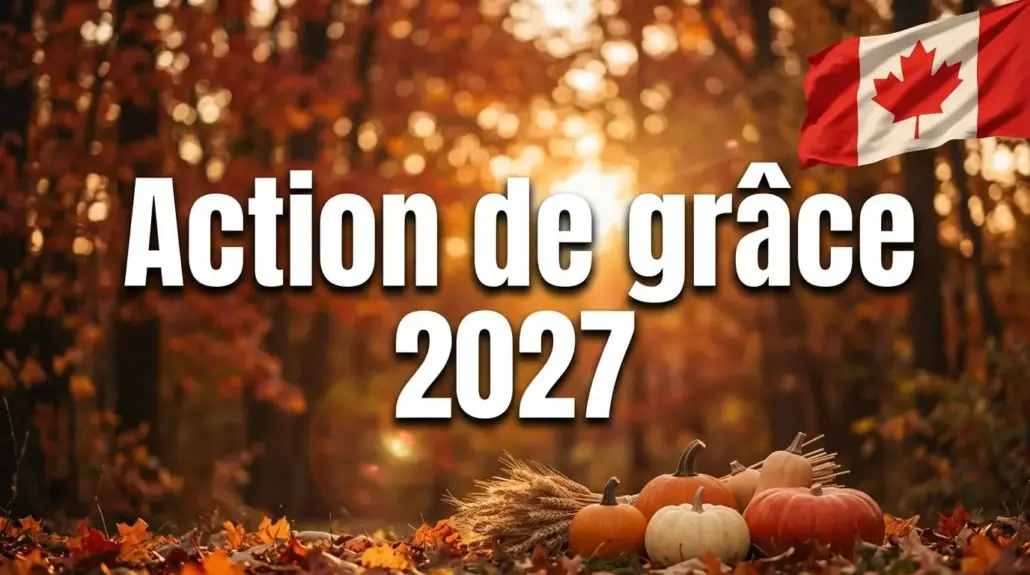 Affiche Action de grâce 2027 avec drapeau du Canada, feuilles d’érable d’automne et citrouilles
