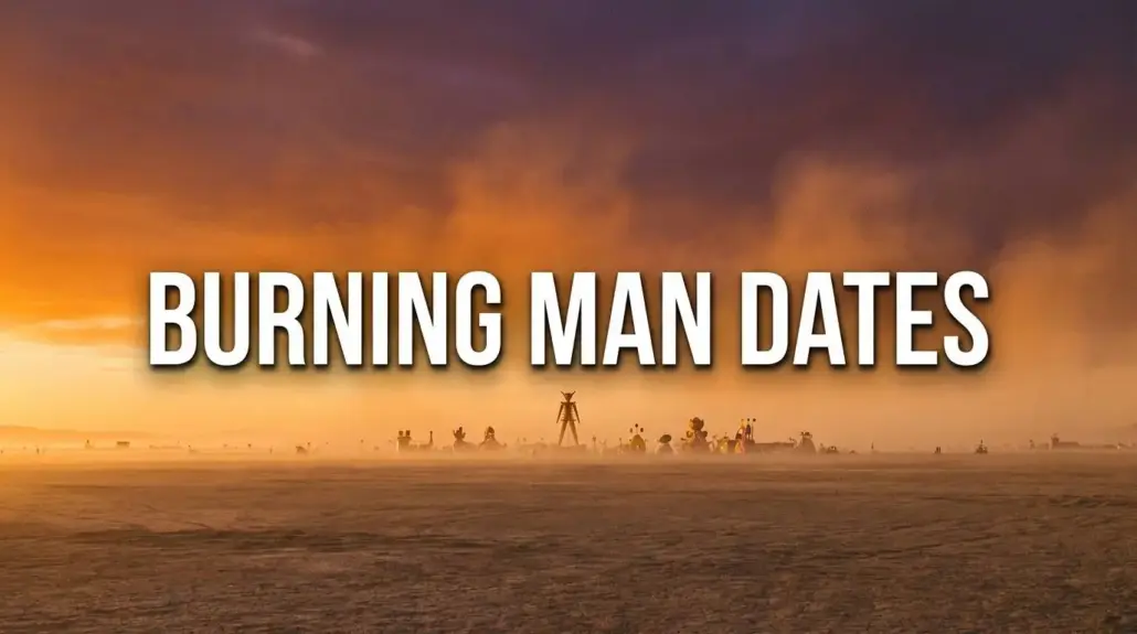 Burning Man dates cover with a desert playa at sunset, a wooden effigy silhouette and bold centered title