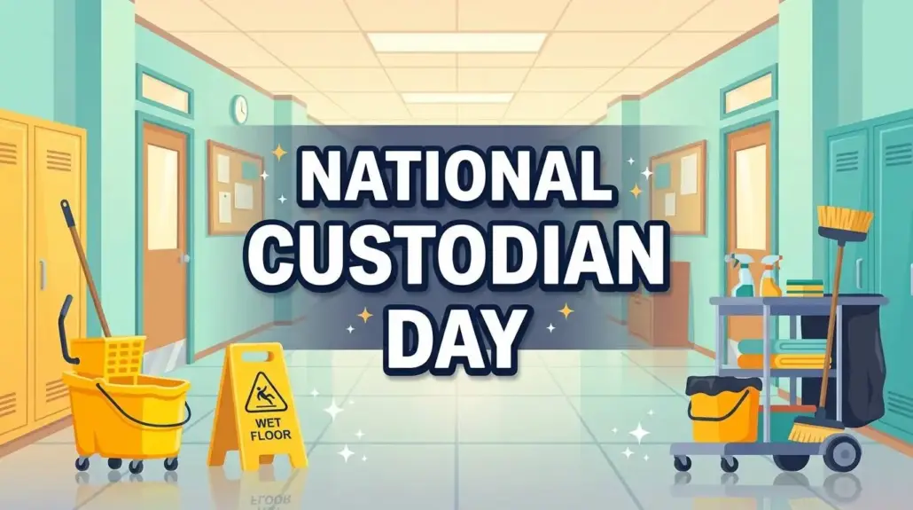 National Custodian Day banner with a mop, bucket and cleaning cart in a school hallway