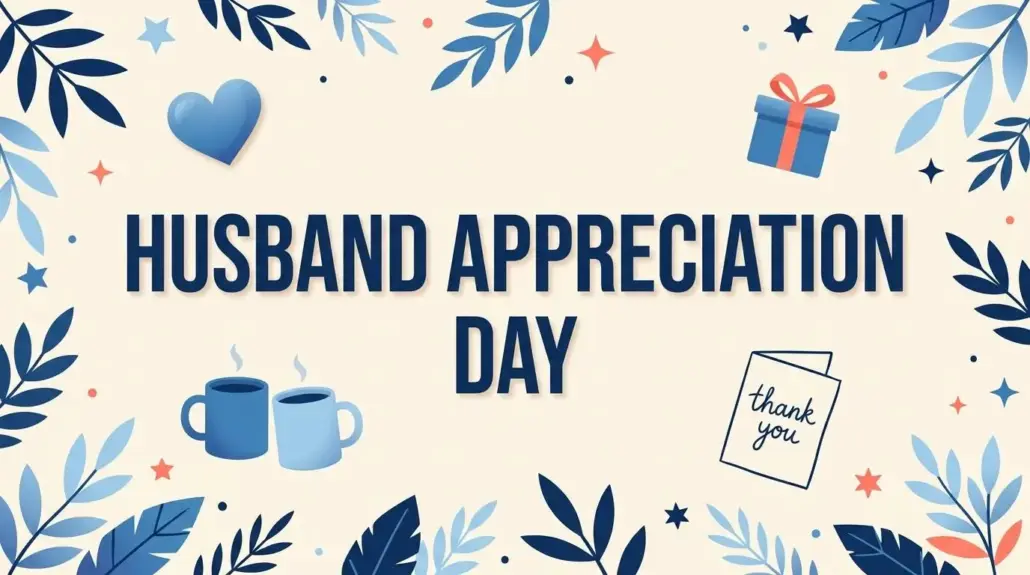 Husband Appreciation Day cover with a blue heart, two coffee mugs and a gift box on a cream background