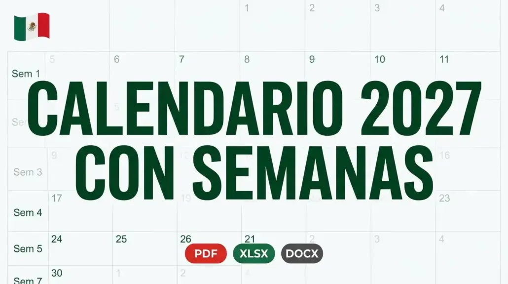 Calendario 2027 con semanas México con bandera mexicana y descargas imprimibles en PDF, XLSX y DOCX