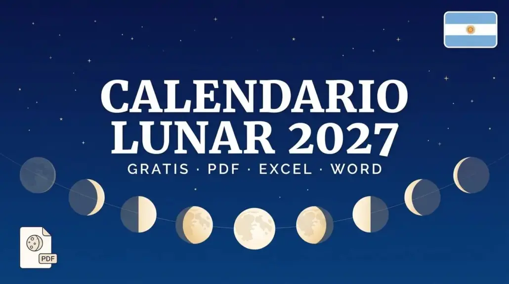 Calendario lunar 2027 con las ocho fases de la luna y la bandera de Argentina, para imprimir en PDF, Excel y Word