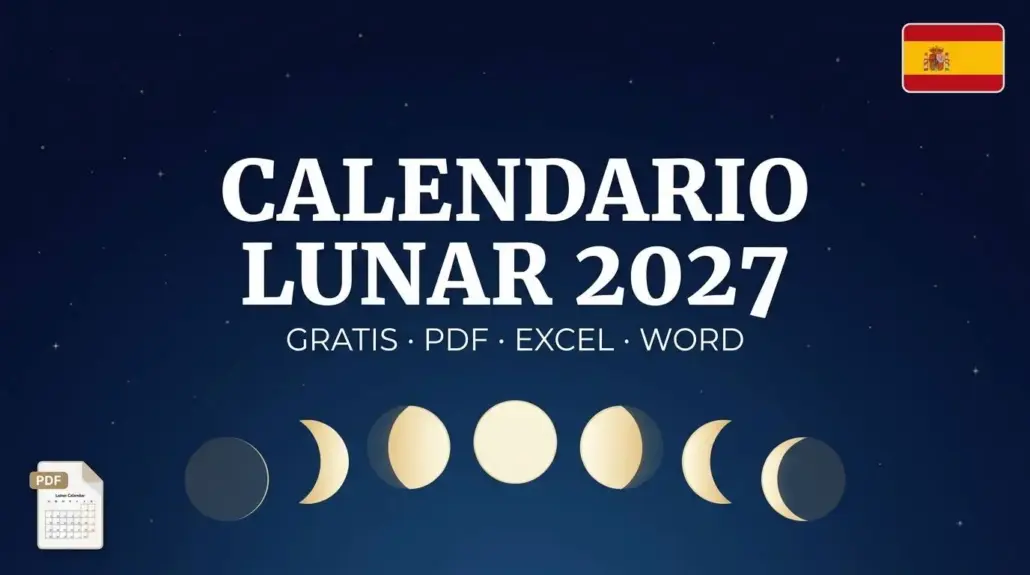Calendario lunar 2027 con las ocho fases de la luna y la bandera de España, para imprimir en PDF, Excel y Word