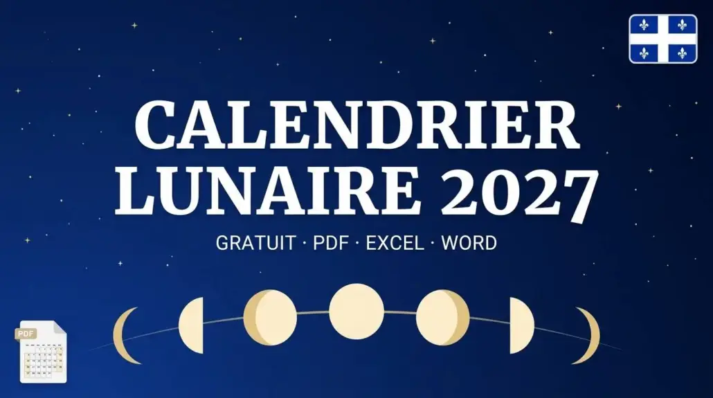 Calendrier lunaire 2027 Québec avec les huit phases de la lune et le drapeau du Québec, à imprimer en PDF, Excel et Word