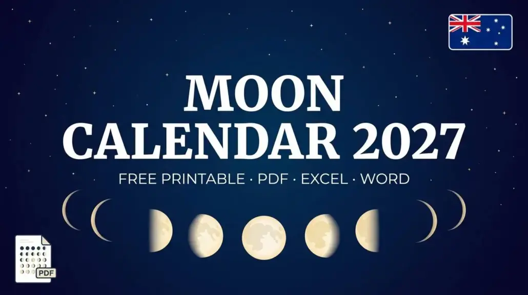 Moon calendar 2027 cover with the eight moon phases and an Australian flag, free printable lunar calendar in PDF, Excel and Word