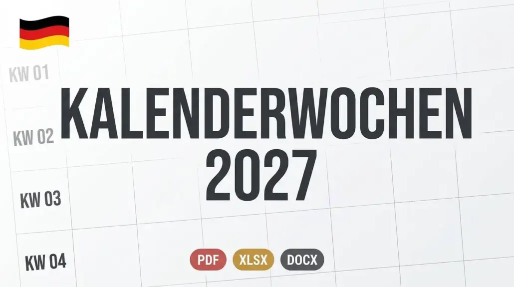 Kalenderwochen 2027 mit deutscher Flagge und Download-Symbolen für PDF, XLSX und DOCX