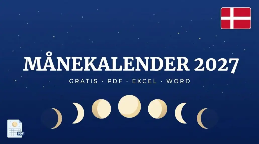 Månekalender 2027 med månens otte faser og Danmarks flag, gratis månefaser til print som PDF, Excel og Word