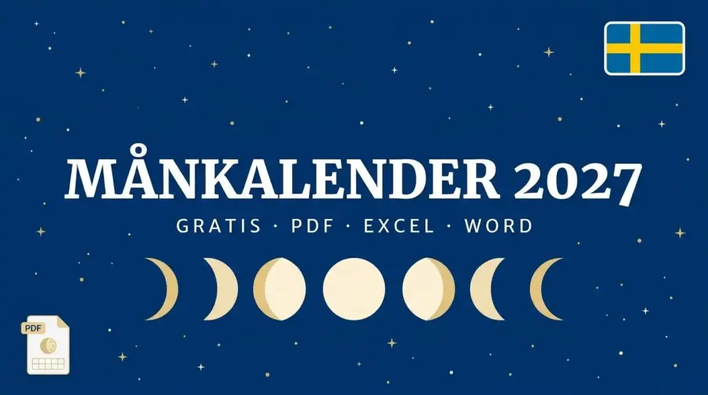 Månkalender 2027 med månens åtta faser och Sveriges flagga, gratis månfaser att skriva ut som PDF, Excel och Word