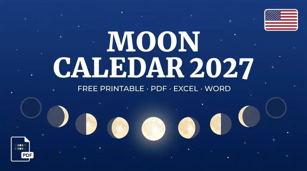 Moon calendar 2027 cover with the eight moon phases and a US flag, free printable lunar calendar in PDF, Excel and Word
