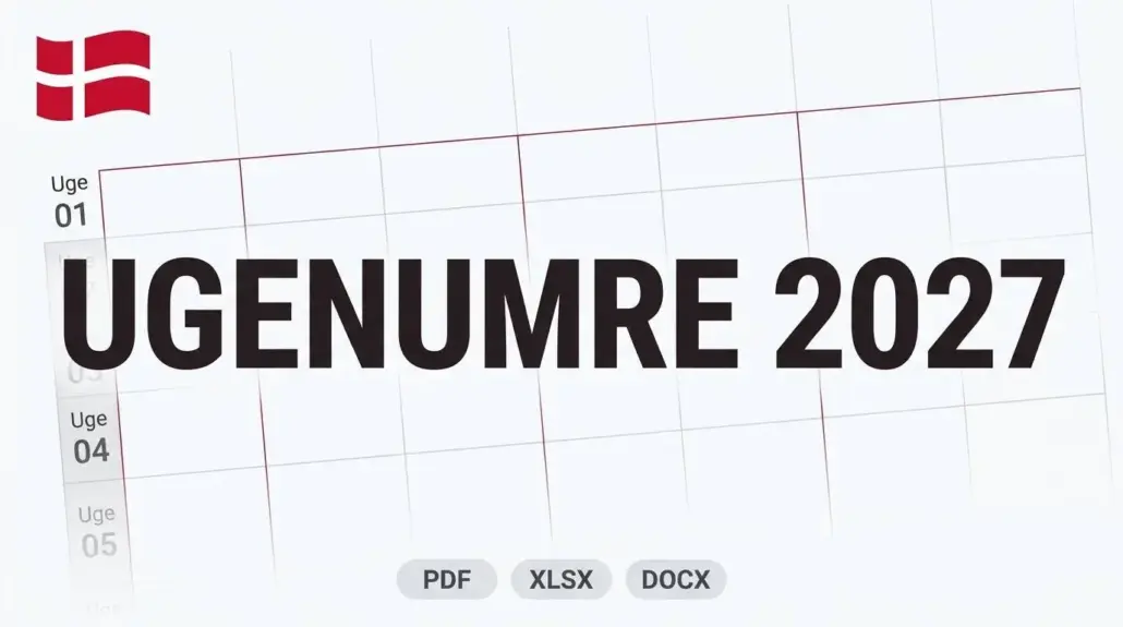 Ugenumre 2027 med dansk flag og gratis downloads til print selv i PDF, XLSX og DOCX